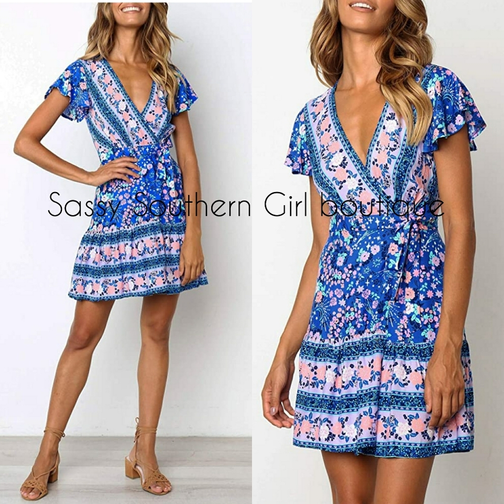 🆕⭐Blue floral boho gypsy wrap ruffle dress